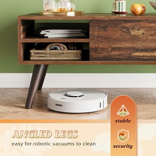 Robotic vacuum cleaning under furniture with angled legs.