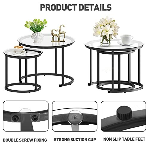 Set of two round coffee tables with decorative items and product details.