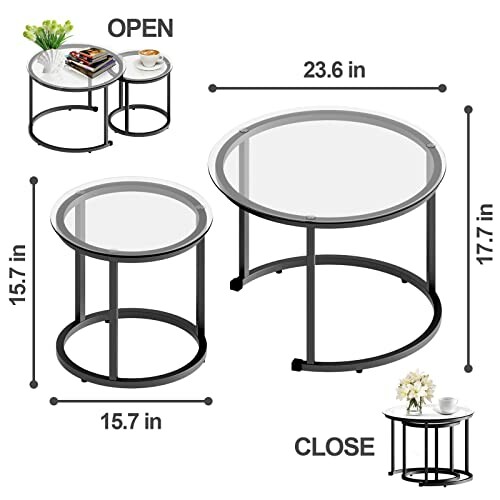 Round glass top nesting tables with dimensions and open-close view.