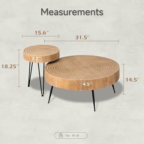 Two round wooden coffee tables with measurements.