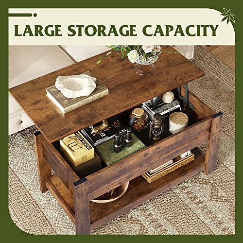 Wooden coffee table with large storage capacity showcasing open storage area with books and decor.