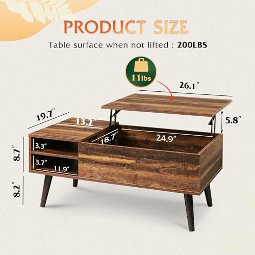 Wooden coffee table with lift top, showing dimensions and weight capacity.