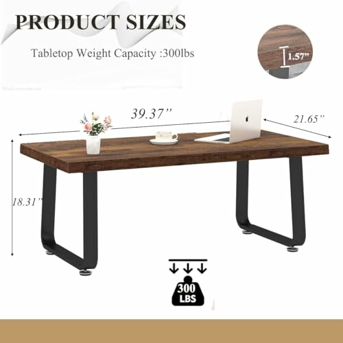 Wooden office desk with dimensions and weight capacity.