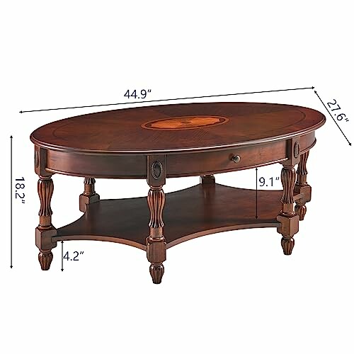 Wooden oval coffee table with dimensions and shelf